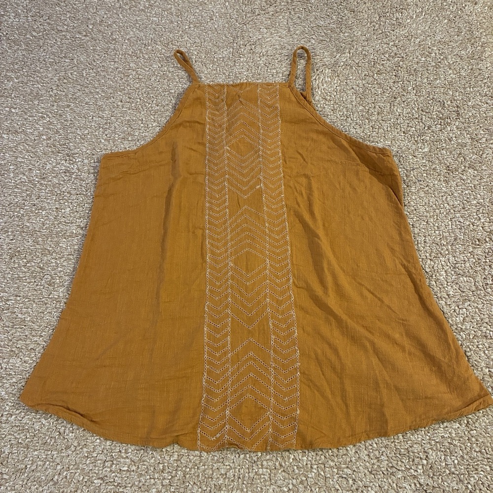 Shyanne Womens Halter Top Large Mustard Yellow Embroidered Split Back Cotton
